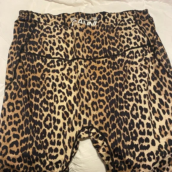Ganni Leopard Print Leggings with Neon Green Logo - Picture 2 of 6